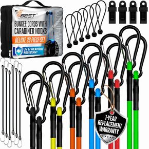 Carabiner Bungee Cords with Hooks - Bungie Cords Heavy Duty Outdoor - 28pk Assorted Sizes Bungee Cord Set Includes Long Bungee Cords, Small Bungee Straps, Ball Bungy Cords & Tarp Clips with Bag