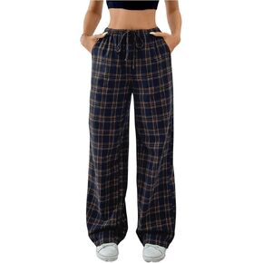SOLY HUX Women's Casual Plaid Baggy Pants High Waisted Y2k Pants Drawstring Sweatpants Streetwear
