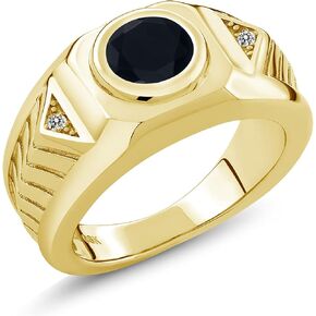 Gem Stone King 18K Yellow Gold Plated Silver Black Onyx and White Diamond Ring For Men | 1.68 Cttw | Round 8MM | Available in size 5, 6, 7, 8, 9