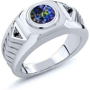 Gem Stone King 2.03 Ct Round Blue Mystic Topaz and Black Diamond 925 Sterling Silver Men's Ring