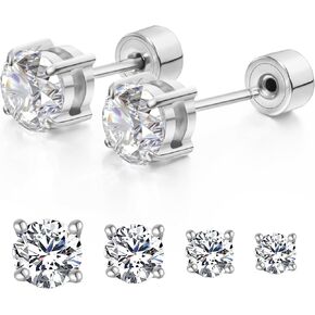 Push-in Cubic Zirconia Flat Back Stud Earrings for Women Men, 14K Gold Plated Hypoallergenic Surgical Stainless Steel Earrings Simulated Moissanite Diamond Studs Set Piercing Earrings 3-6mm