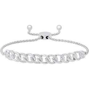 Dazzlingrock Collection 0.12 Carat (ctw) Round White Diamond Interlocking Curb Cuban Link Bolo Bracelet for Her, 925 Sterling Silver