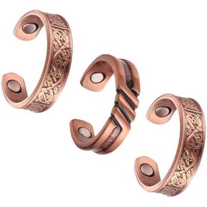 3 Copper Rings for Men, 99.99% Solid Pure Copper, 2pcs 3500 Gauss #9 Rings Vintage Pattern Adjustable Cuff Rings