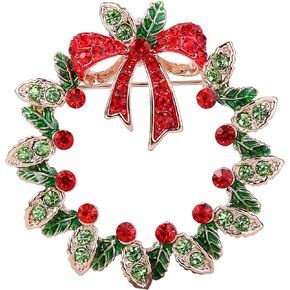 EVER FAITH Women's Crystal Red w/Green Enamel Christmas Mistletoe Flower Wreath Bowknot Brooch