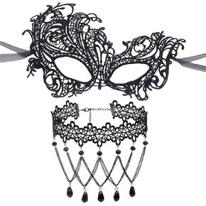 Masquerade Mask Set for Women Black Lace Eye Mask and Lace Choker Necklace Costume Accessories for Halloween Christmas Cosplay Party