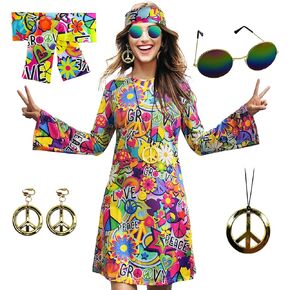 70s Hippie Dress Costumes Necklace Earrings Sunglass Women Disco Outfit, 60s Party Costume, Halloween Retro Dresses