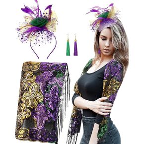 Unittype 4 Pcs Mardi Gras Accessories Mardi Gras Shawl Scarf with Feather Headband Vintage Tassel Fringe Earrings 20s Costume