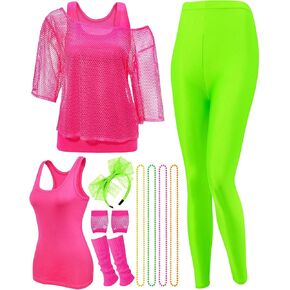 Jadive 12 Pcs 80s Costume Outfits Accessories for Woman Party Fishnet Shirt Legging Vest Hairband Necklace Gloves Leg Warmer