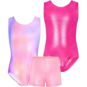 TENVDA Bundles of Girls Gymnastics Leotards Size 8-9 Years Old Sparkly Metallic Hotpink and Pink Sleeveless Tumbling Outfit Bodysuits