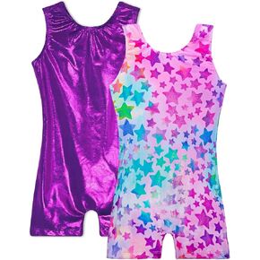 TENVDA 2 Pack Gymnastics Leotards for Girls 7-8 Years Old Sparkle Purple and Hotpink Stars Print Sleeveless Biketards Kids Unitard