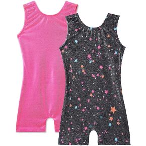 TENVDA 2 Pack Gymnastics Leotards for Girls 8-9 Years Old Tank Sparkle Black Stars Print and Hotpink Biketards Unitards
