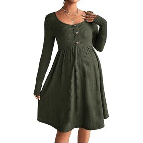 OYOANGLE Women's Maternity Scoop Neck Long Sleeve Ribbed Knit Dress Button Down A Line Flared Short Dresses