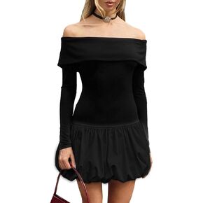 Women Off Shoulder Bubble Dress Long Sleeve Puffy Mini Dress Short Formal Dresses Cocktail Party