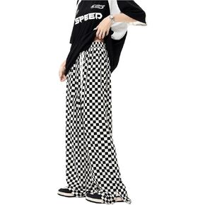 Floerns Women's Checker Print Drawstring High Waist Streetwear Straight Leg Pants
