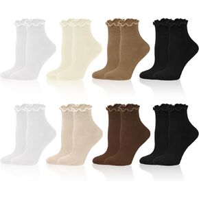 8 Pairs Ruffle Socks Women Cute Ankle Socks Turn-Cuff Frilly Sock Breathable Knit Cotton Socks Casual Crew Socks For Mary Jane Shoes