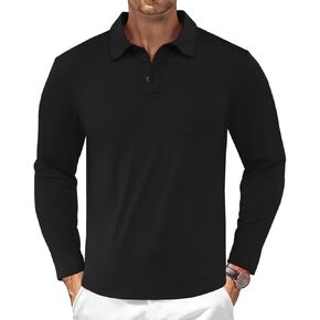 Casual Men's Long Sleeve Polo Shirt Dress Button Solid Color Collared Golf Tops with Pocket