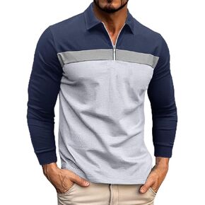 Nuofengkudu Men's Color Block Polo Shirt Long Sleeve Casual Patchwork 1/4 Zip Collar Work T Shirts
