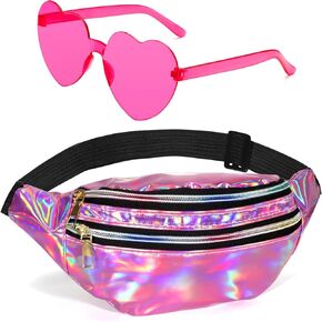 Holographic Fanny Packs for Women Men,Heart Sunglasses,80s 90s Fanny Pack,Crossbody Fanny Packs for Women,Metallic Color Sport Waistbag,Pink Fanny Pack,Shiny Waist Pack,Rimless Heart Glasses