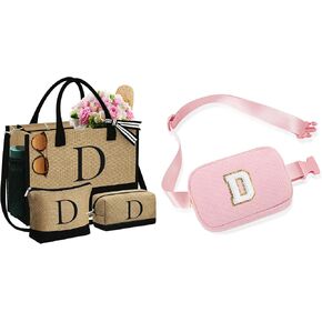 YOOLIFE 3 Pcs Initial Jute Tote Bag & Initial Belt Bag Crossbody Fanny Pack Personalized Gifts for Women Teen Girls