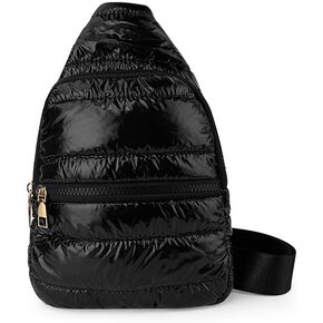 Small Puffy Sling Bag for Women Unisex Quilted Sling Bag for Men Puffer Chest Bag Small Bum Bag (Black)