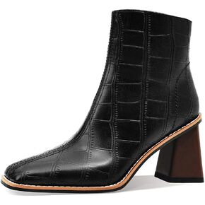 Womens Ankle Boots Zipper Chunky Mid Heel Boot Retro Square Pointed Toe Short Boots Heeled Shoes for Women Fall Winter