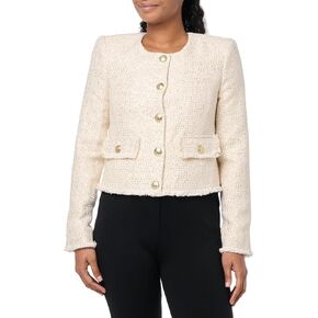 BCBGMAXAZRIA Women's Long Sleeve Round Neck Short Tweed Jacket, Black