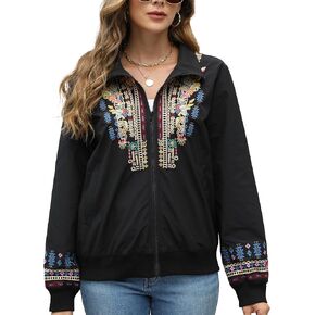 Grosy Boho Embroidered Bomber Jacket Women Fashion Floral Windbreaker Mexican Lightweight Zip Cropped Coat Fall Winter