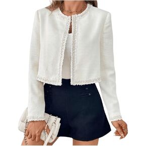 MakeMeChic Women's Beaded Raw Hem Open Front Long Sleeve Jacket Crop Work Office Outerwear