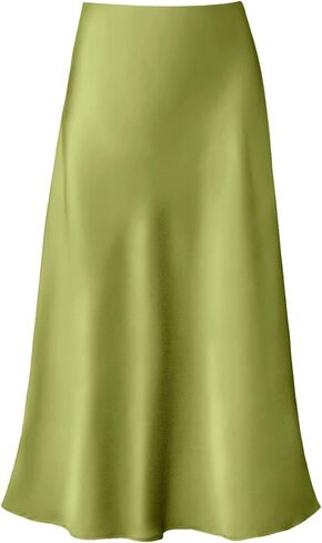 Womens Silky Satin Midi Skirt High Waist Elastic Waist A Line Skirt in Kuwait