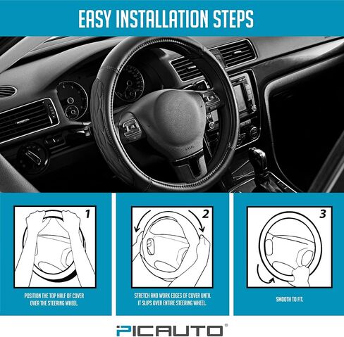 غطاء عجلة القيادة PIC AUTO، فوم معيني سميك أسود وجلد فاخر، ملحقات عجلات قيادة عالمية 14.5-15.5 بوصة قابلة للتنفس ومضادة للانزلاق للرجال والنساء in Kuwait
