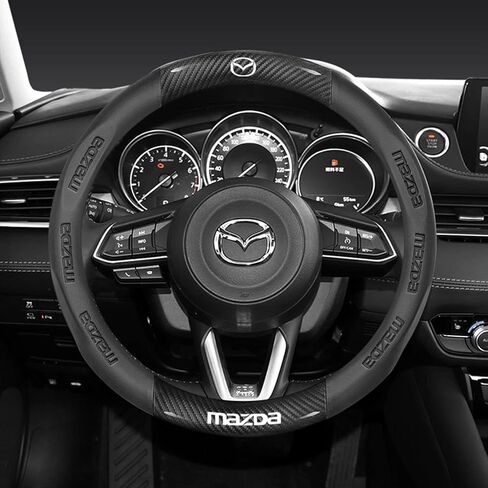 Custom-Fit for Mazda Steering Wheel Cover, Fusion Carbon Fiber Premium Leather Car Steering Wheel Cover with Logo, Non-Slip, Breathable, for Mazda Accessories (MZD-New) in Saudi Arabia