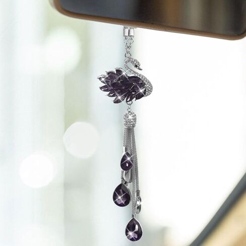 Bling Swan Car Hanging Ornament, Cute Crystal Rhinestone Car Rear View Mirror Accessories, Double Sided Car Decorations Pendant, Car Mirror Hanging Charm for Women Girls (White) in Saudi Arabia