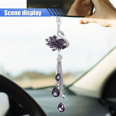 Bling Swan Car Hanging Ornament, Cute Crystal Rhinestone Car Rear View Mirror Accessories, Double Sided Car Decorations Pendant, Car Mirror Hanging Charm for Women Girls (White) in Saudi Arabia