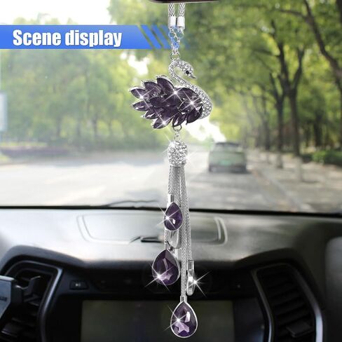 Bling Swan Car Hanging Ornament, Cute Crystal Rhinestone Car Rear View Mirror Accessories, Double Sided Car Decorations Pendant, Car Mirror Hanging Charm for Women Girls (White) in Saudi Arabia