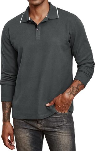 Men's Polo Shirts Long Sleeve Fleece Lined Button Down Knit Tees Casual Collared Golf Shirt for Men in Saudi Arabia