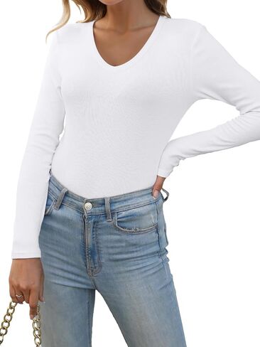 Women Long Sleeve Shirts V Neck Casual Ribbed Slim Fitted Basci T-Shirt Going Out Tops Fall Fashion 2024 in Saudi Arabia