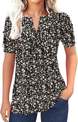 Women's Zipper Summer Pleated Button Short Sleeve T-Shirt Summer V-Neck Solid Color Casual top in Saudi Arabia