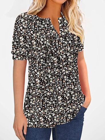 Women's Zipper Summer Pleated Button Short Sleeve T-Shirt Summer V-Neck Solid Color Casual top in Saudi Arabia
