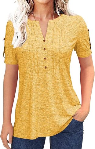 Women's Zipper Summer Pleated Button Short Sleeve T-Shirt Summer V-Neck Solid Color Casual top in Saudi Arabia