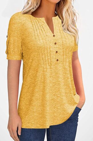 Women's Zipper Summer Pleated Button Short Sleeve T-Shirt Summer V-Neck Solid Color Casual top in Saudi Arabia