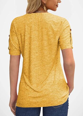 Women's Zipper Summer Pleated Button Short Sleeve T-Shirt Summer V-Neck Solid Color Casual top in Saudi Arabia