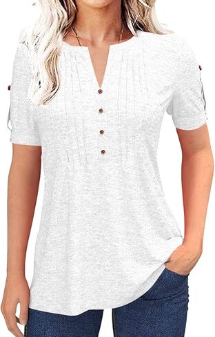 Women's Zipper Summer Pleated Button Short Sleeve T-Shirt Summer V-Neck Solid Color Casual top in Saudi Arabia