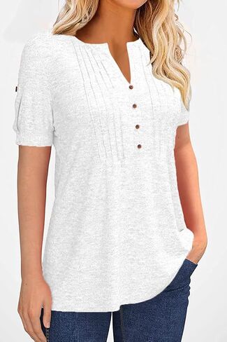 Women's Zipper Summer Pleated Button Short Sleeve T-Shirt Summer V-Neck Solid Color Casual top in Saudi Arabia