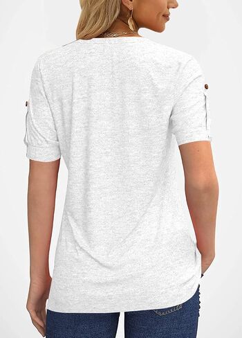 Women's Zipper Summer Pleated Button Short Sleeve T-Shirt Summer V-Neck Solid Color Casual top in Saudi Arabia