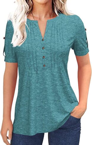 Women's Zipper Summer Pleated Button Short Sleeve T-Shirt Summer V-Neck Solid Color Casual top in Saudi Arabia