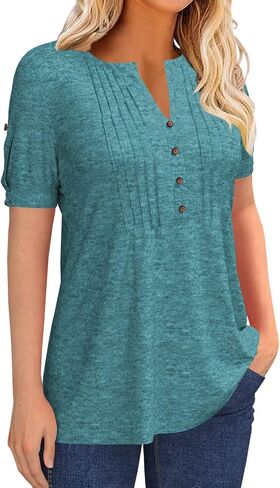 Women's Zipper Summer Pleated Button Short Sleeve T-Shirt Summer V-Neck Solid Color Casual top in Saudi Arabia