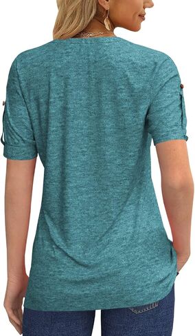 Women's Zipper Summer Pleated Button Short Sleeve T-Shirt Summer V-Neck Solid Color Casual top in Saudi Arabia