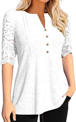 Women's Zipper Summer Pleated Button Short Sleeve T-Shirt Summer V-Neck Solid Color Casual top in Saudi Arabia