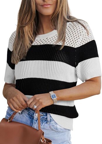 Dokotoo المرأة الصيف بلايز عادية كم قصير Crewneck مخطط اللون كتلة متماسكة تي شيرت العصرية البلوز البلوزات in Saudi Arabia