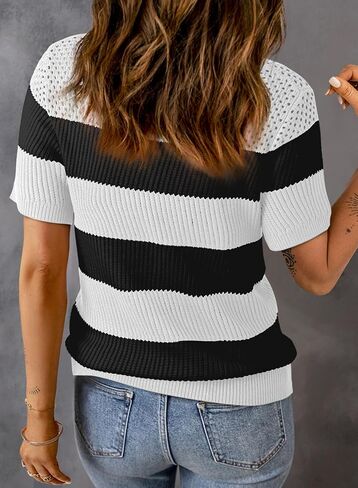 Dokotoo المرأة الصيف بلايز عادية كم قصير Crewneck مخطط اللون كتلة متماسكة تي شيرت العصرية البلوز البلوزات in Saudi Arabia